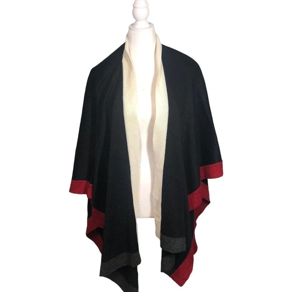 Coldwater Creek Poncho‎ Womens One Size Ruana Wrap Black Red Colorblock Wool New